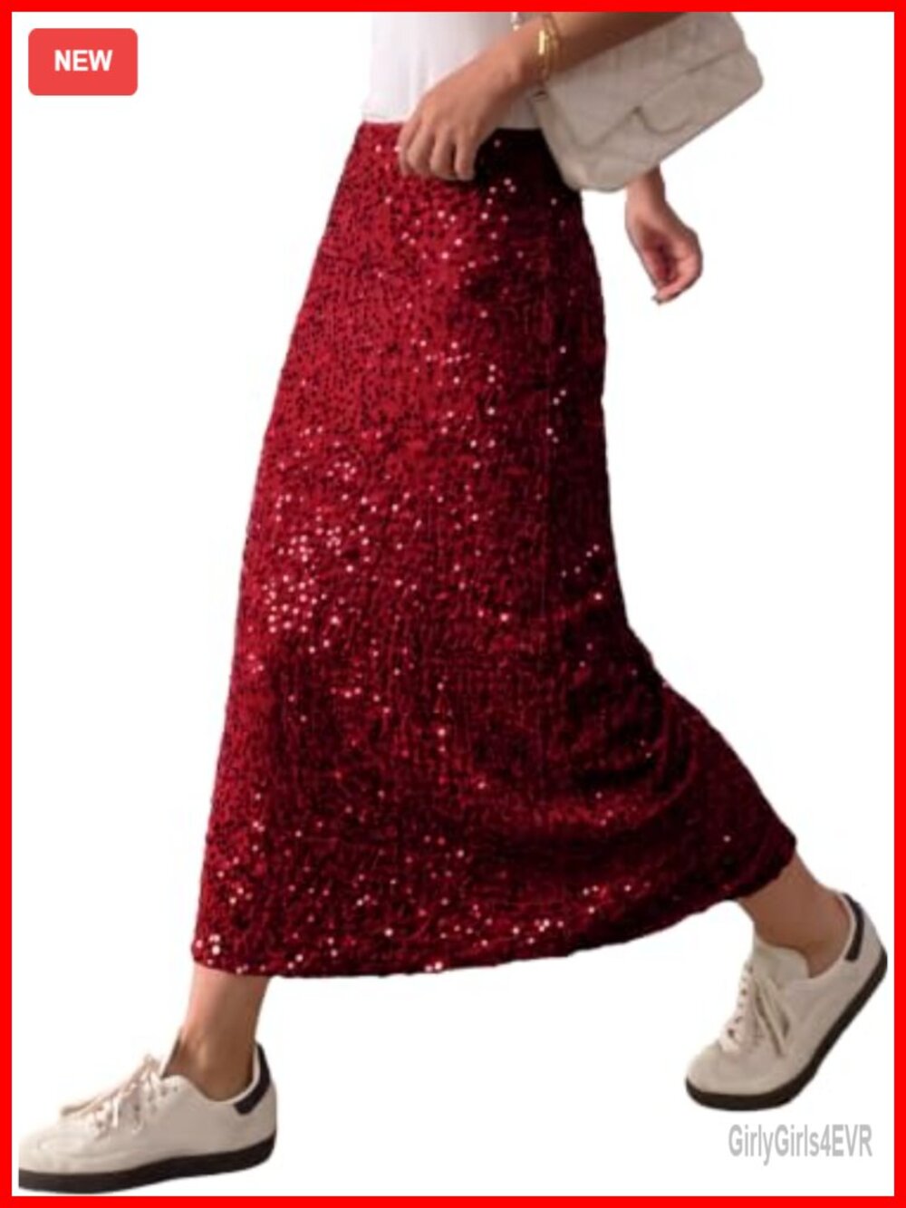 Sequin Maxi Skirt Elastic Waist A-Line Back Slit Pull On Party